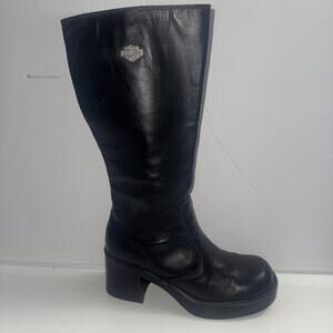 Harley-Davidson Boots Womens Size 8.5 Black Leather Stretch Mid Calf Biker Zip